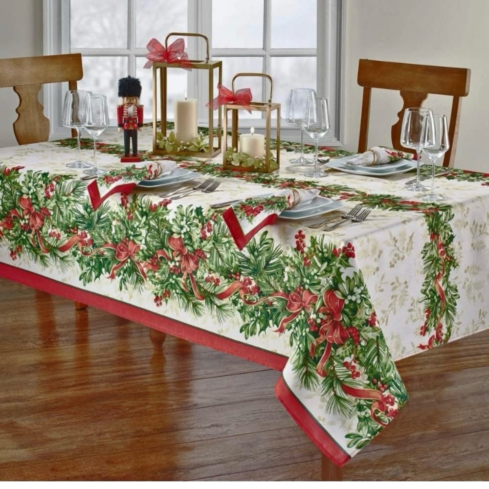 NWT Newbridge Holly Ribbon Christmas Holiday Cotton Tablecloth 60x102
